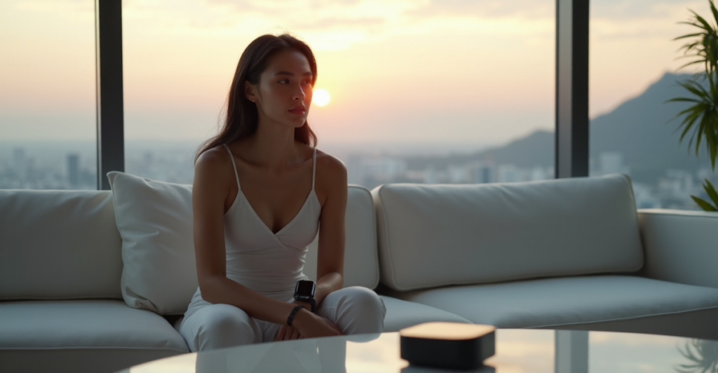 "A serene woman in her mid-30s sits on a white leather couch surrounded by cutting-edge tech: smartwatch, fitness tracker, AI-powered health monitor, amidst a calming cityscape at dusk."