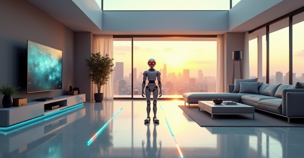 "A futuristic smart home scene featuring an AI-powered robot surrounded by top 5G connectivity gadgets, including a massive 4K LED TV and wireless charging pads."