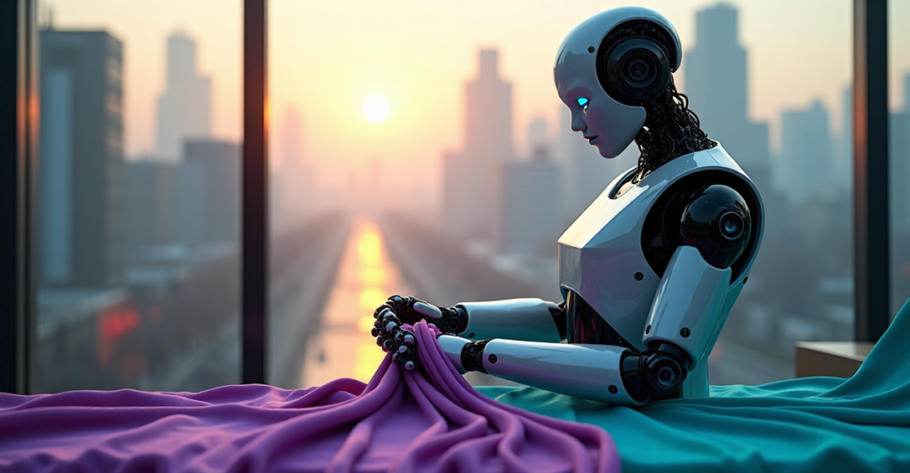 "An AI-powered robotic arm in a futuristic fashion design studio seamlessly integrates human creativity with technological precision to automate cutting-edge fashion design."