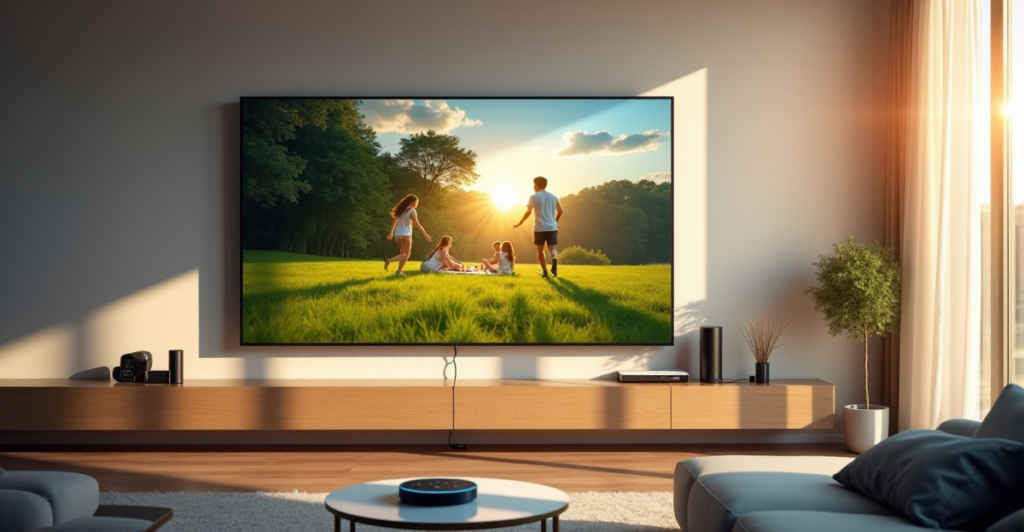 "A modern living room with a large 4K smart TV displaying a family's outdoor fun, surrounded by integrated smart home devices, showcasing top 5G connectivity gadgets in a cozy atmosphere."